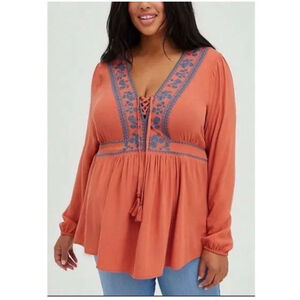 Embroidered Lace-Up Orange Top